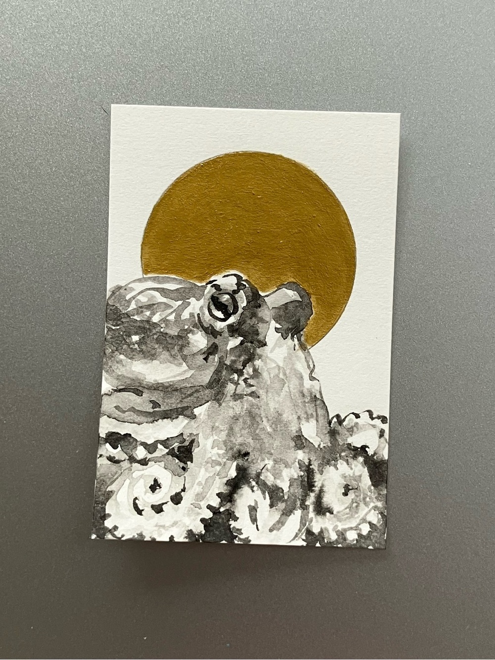 ORIGINAL octopus painting miniature realism art sumi-e gold artwork ocean USA